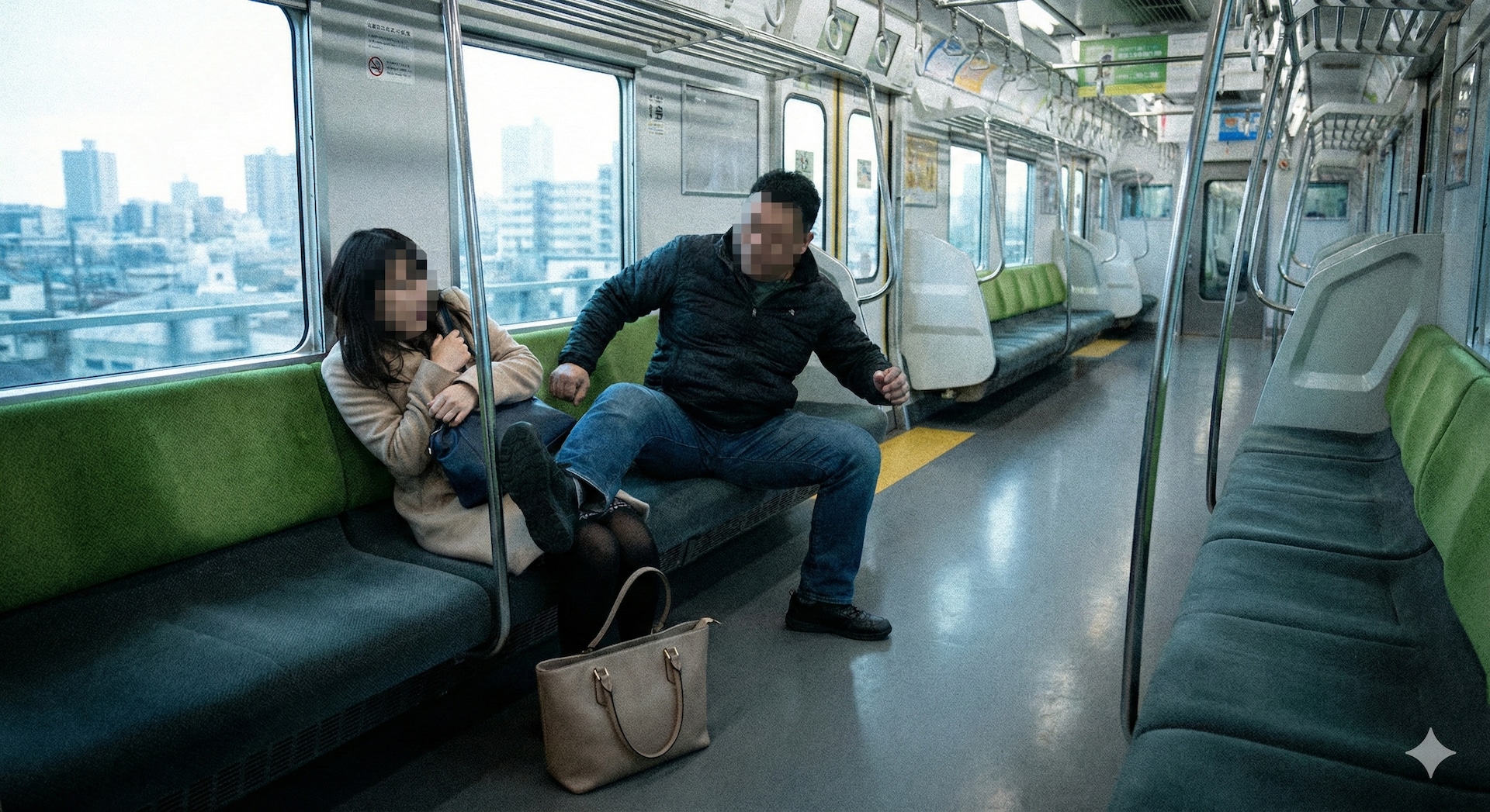 電車内で女性に暴力をふるおうとしている男性