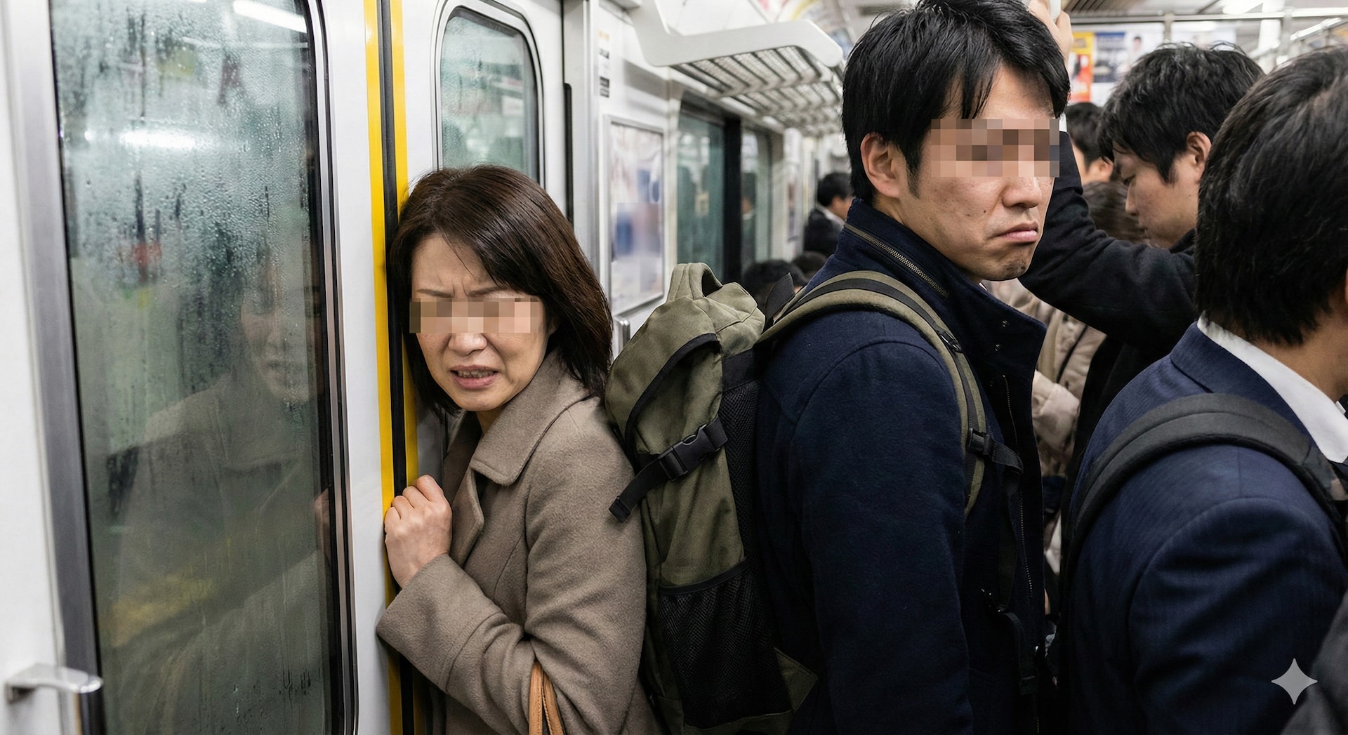 電車内で背負ったリュックを女性に押し付ける男性