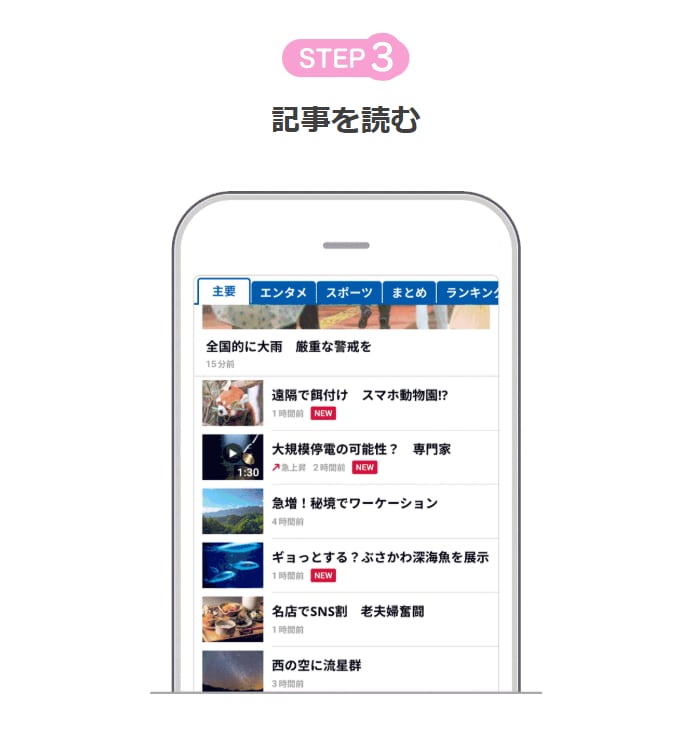 dmenuニュースのポイントキャンペーン参加手順(ステップ3)。「記事を読む」という案内とともに、アプリの主要タブに並ぶニュース記事一覧の画面イメージ。