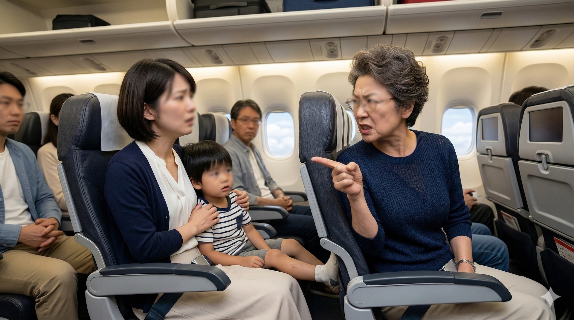 飛行機で何度も振り返り、睨んでくる女性。強い口調で圧力をかけられた親子にCAの神対応