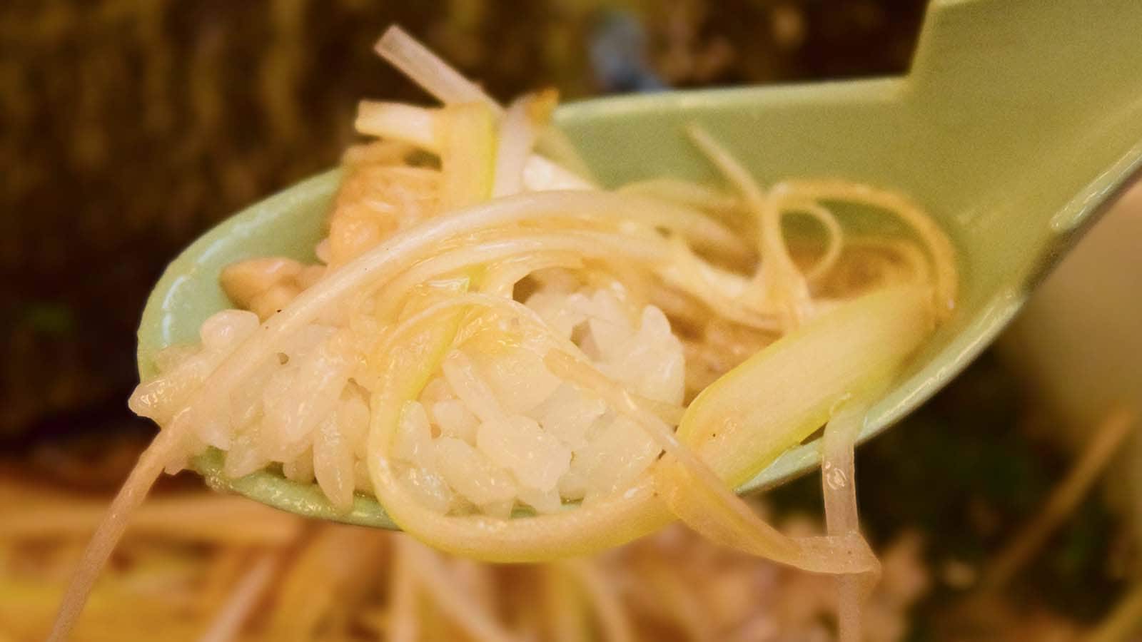 別途ライスを注文し、背脂入りのスープとネギをのせて食べれば、満足感の高い一品