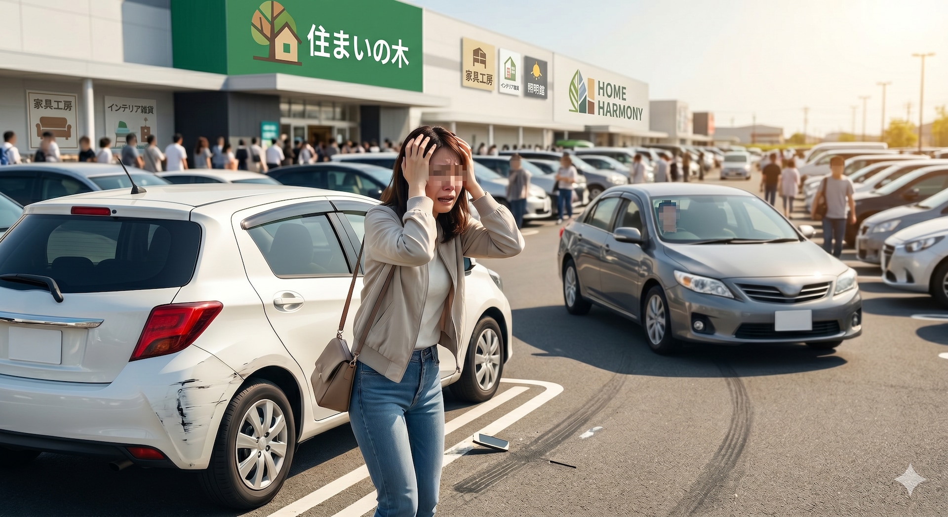 混雑する駐車場での接触事故と相手の逃走　※Google Geminiにて作成