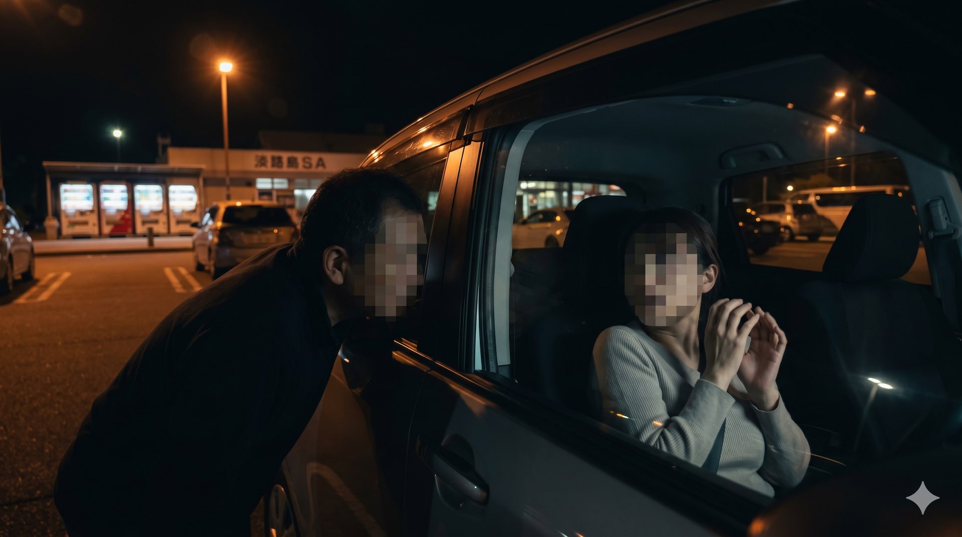 深夜の休憩中に声をかけられ、車までついてこられる恐怖　※Google Geminiにて作成