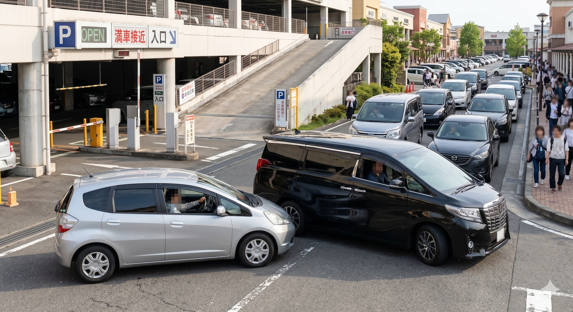 駐車場待ちの列での強引な割り込みと口論　※Google Geminiにて作成