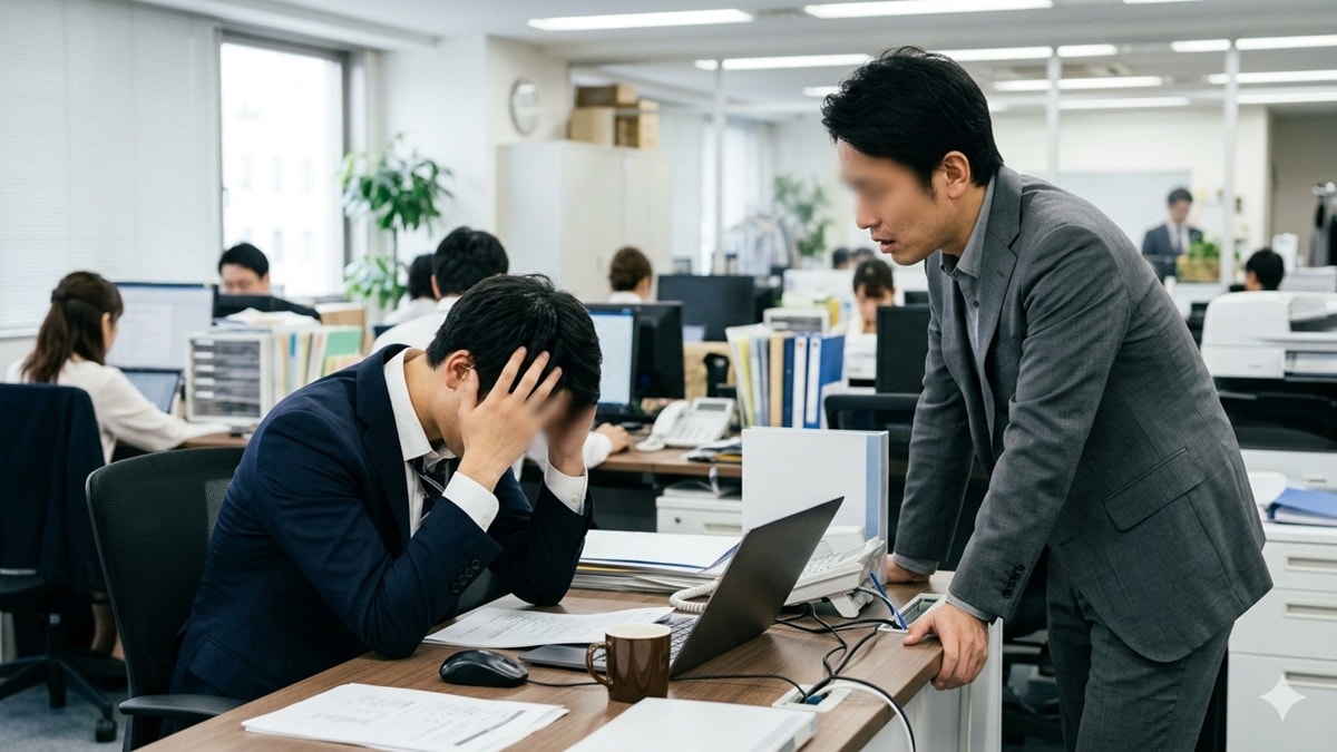 30代男性が20代の後輩社員をオフィスで指導している