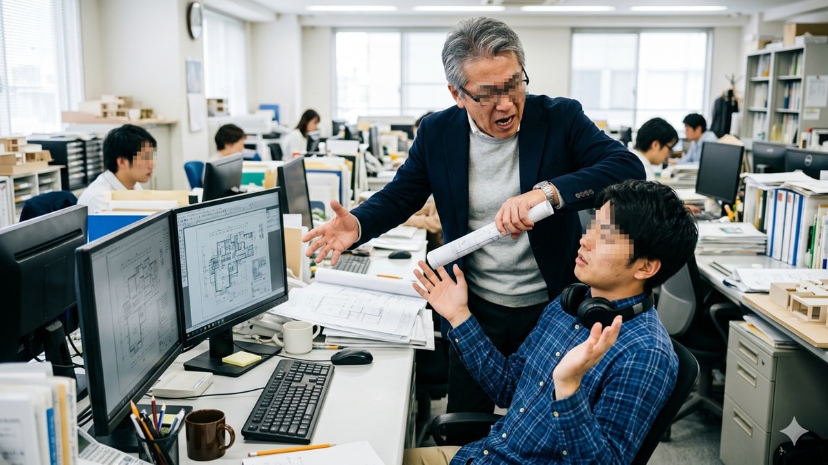 オフィスで20代の男性社員を叱る50代男性社員