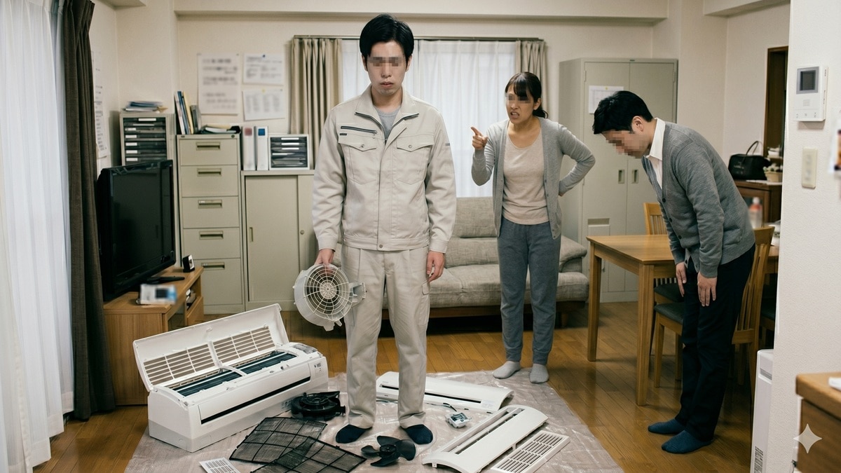 分解したエアコンの前で立ち尽くす修理屋の20代男性と謝る30代先輩社員、激怒する30代の女性修理依頼者