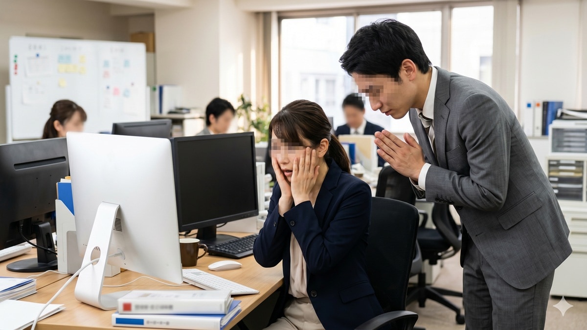 オフィスでミスをして謝る20代新入社員とパソコンの前で焦る先輩女性社員