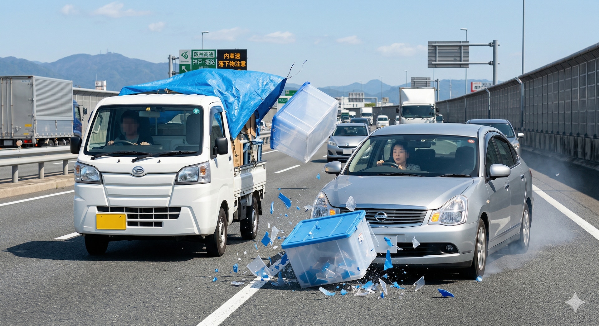 落下物に遭遇した際は急ハンドルを切らず、減速して安全な場所に停車しましょう　※Google Geminiにて作成