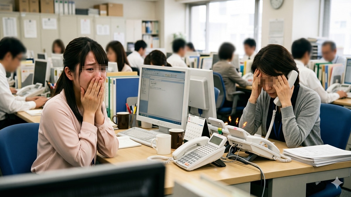 会社で電話を取りながら頭を抱える40代女性先輩社員と泣いている20代女性新入社員
