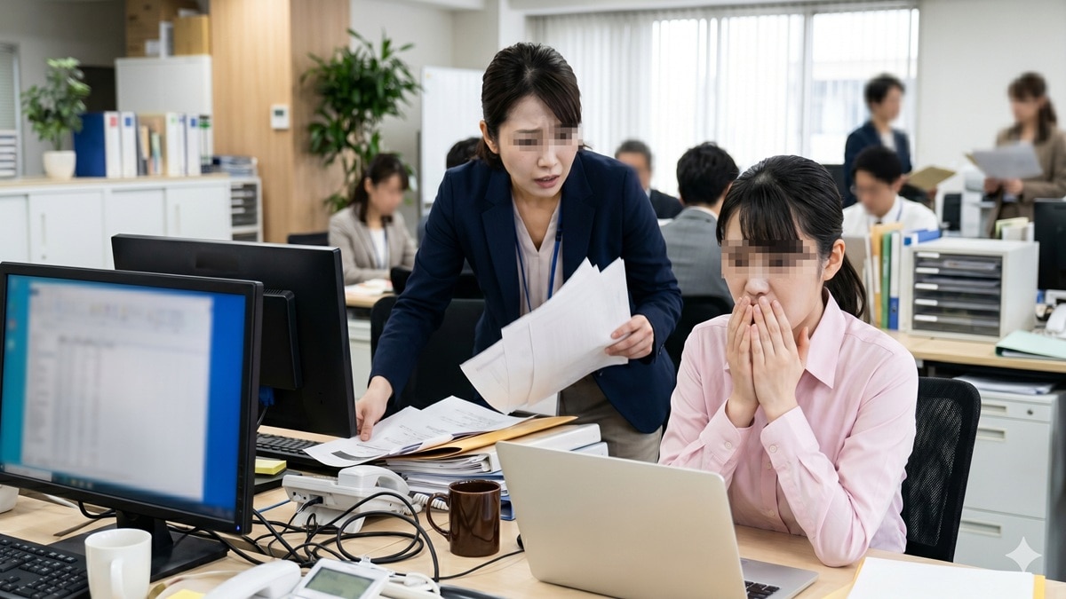 会社でパソコンに向かい青ざめるミスをした20代新入社員の女性と後ろで焦る30代女性先輩社員