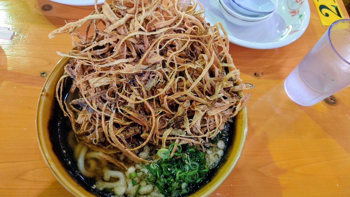 丼からはみ出る特大ごぼう天！ 阿蘇ドライブの鉄板うどん店