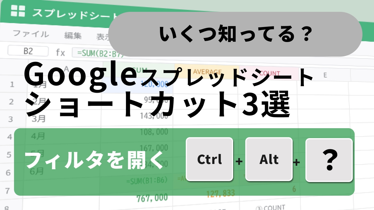 Google スプレッドシートでマウスを一切触ることなく、フィルタメニューの展開やツールバーへのフォーカス移動をショートカットで行っているイメージ