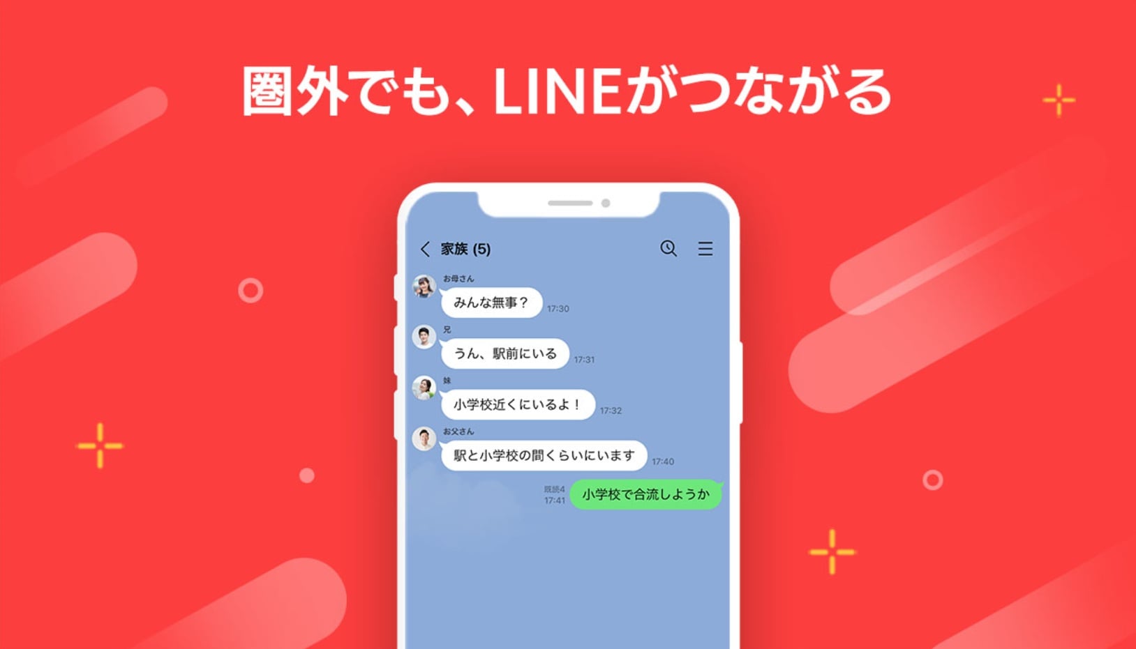 スマートフォンが地上の電波を介さずに上空のStarlink衛星と直接通信してLINEを利用しているイメージ
