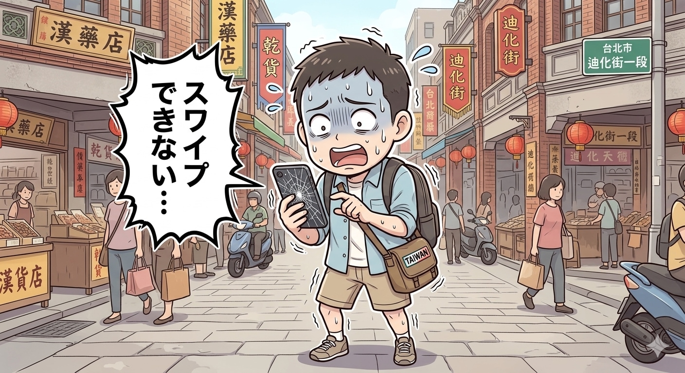 散策中に落下し、画面が割れて操作不能になったスマートフォン