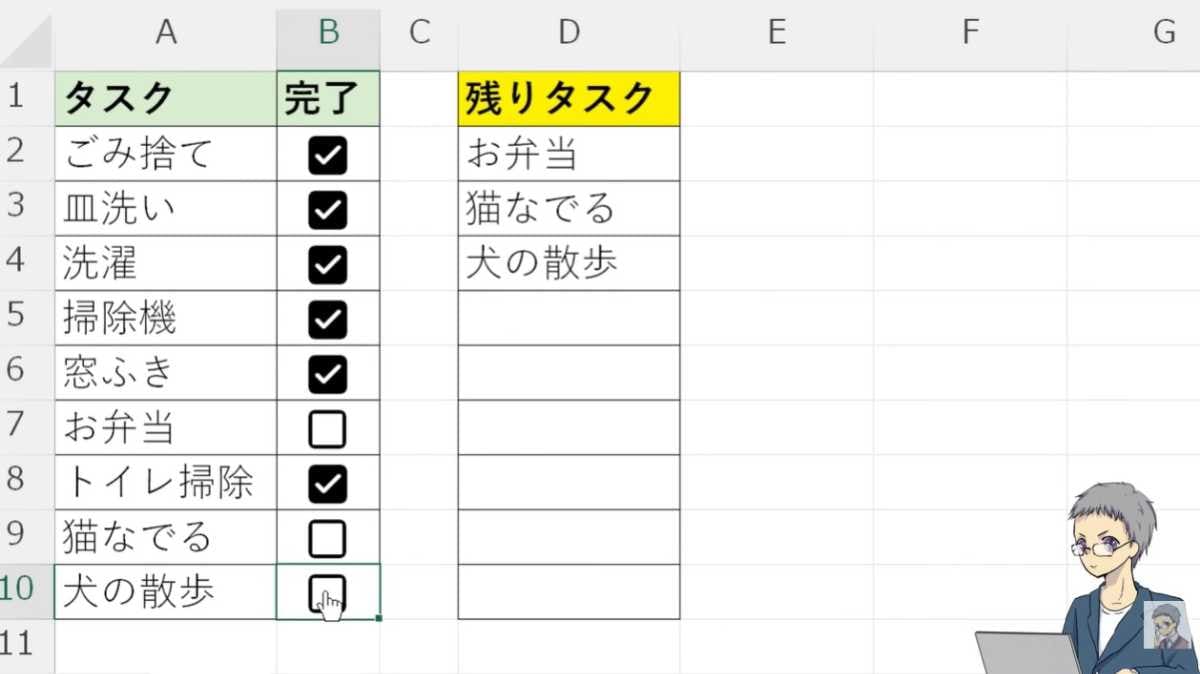 チェックが入っていない未完了のタスクだけが表示される