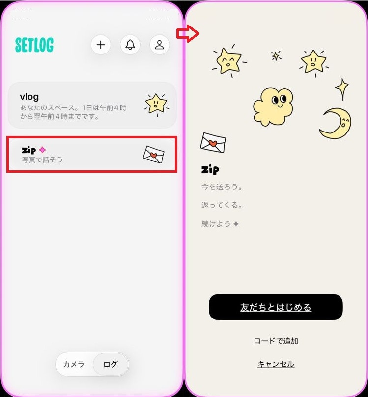 写真で話せる機能「setlog zip」