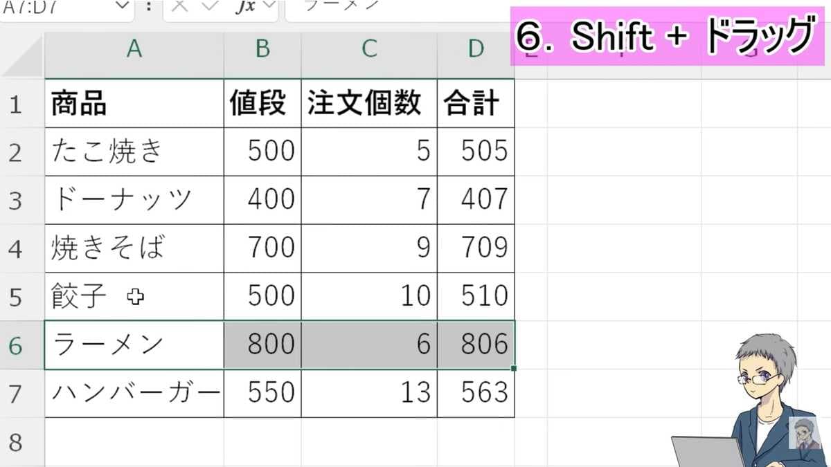 Shiftとドラッグで行や列を入れ替え