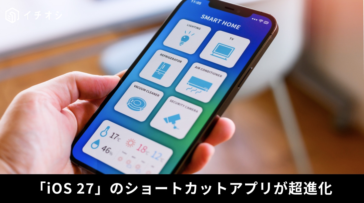 iOS 27のショートカットアプリでAIが自然言語から自動化アクションを構成する解説イメージ