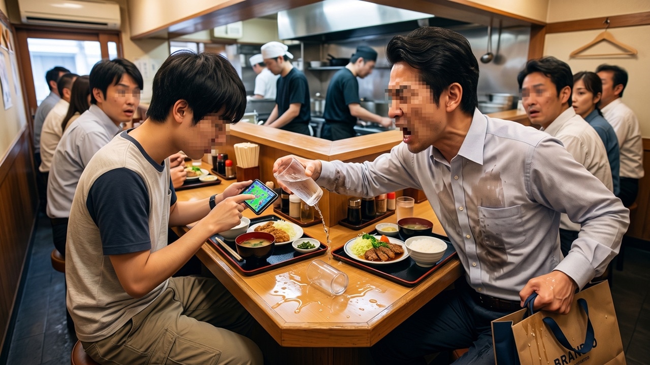 お昼の定食屋で大惨事!イヤホンをせず音ゲーに夢中で水をぶちまけた隣の客