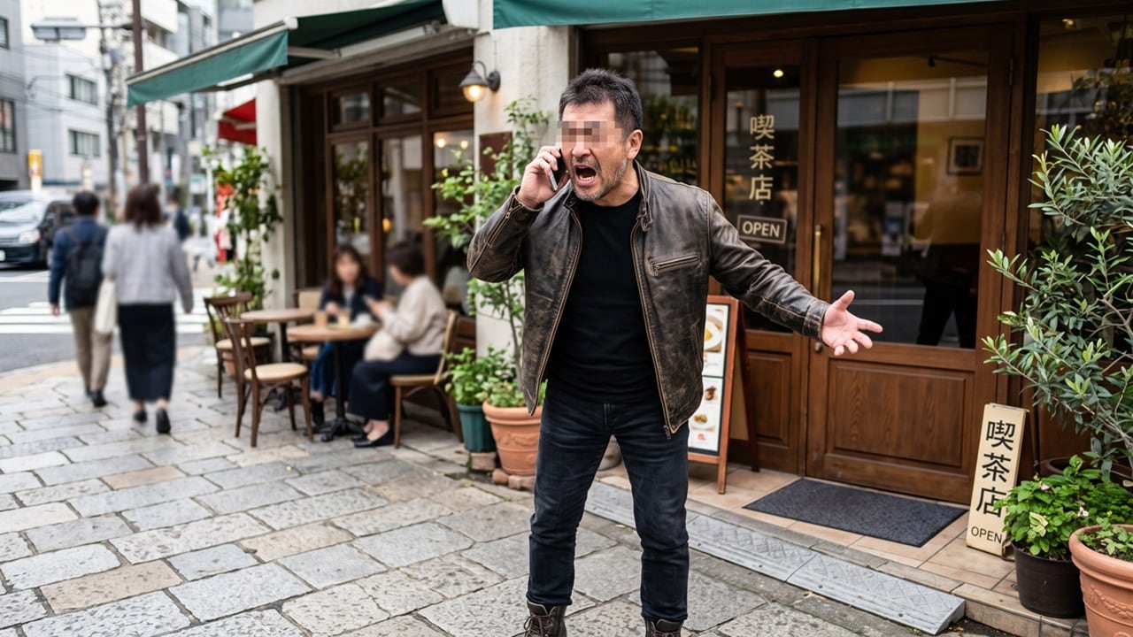 カフェの前で怒鳴りながら電話をするコワモテの男性