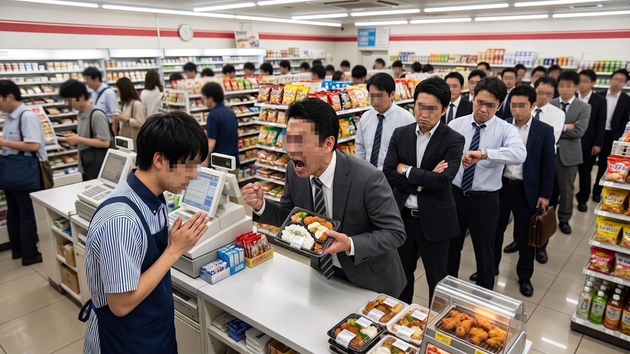 コンビニの店員にクレームをつけるサラリーマンとイライラしながら列に並ぶ大勢の客