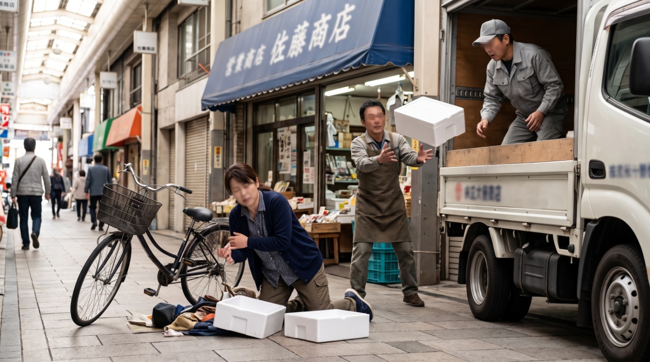商店街で荷物落下事故!自転車転倒トラブルと警察通報の初動策