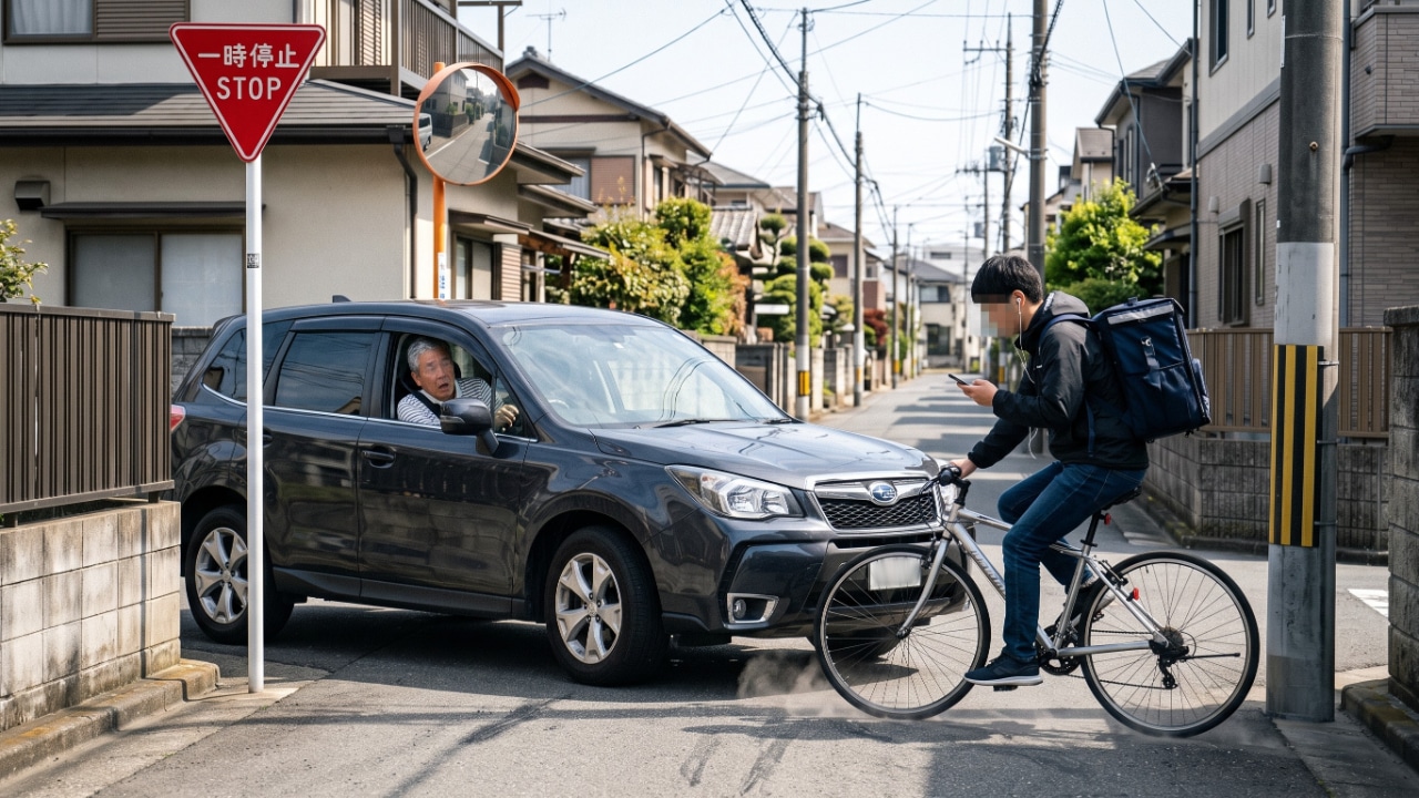 デリバリー自転車が一時停止無視!交差点での衝突回避と自衛策
