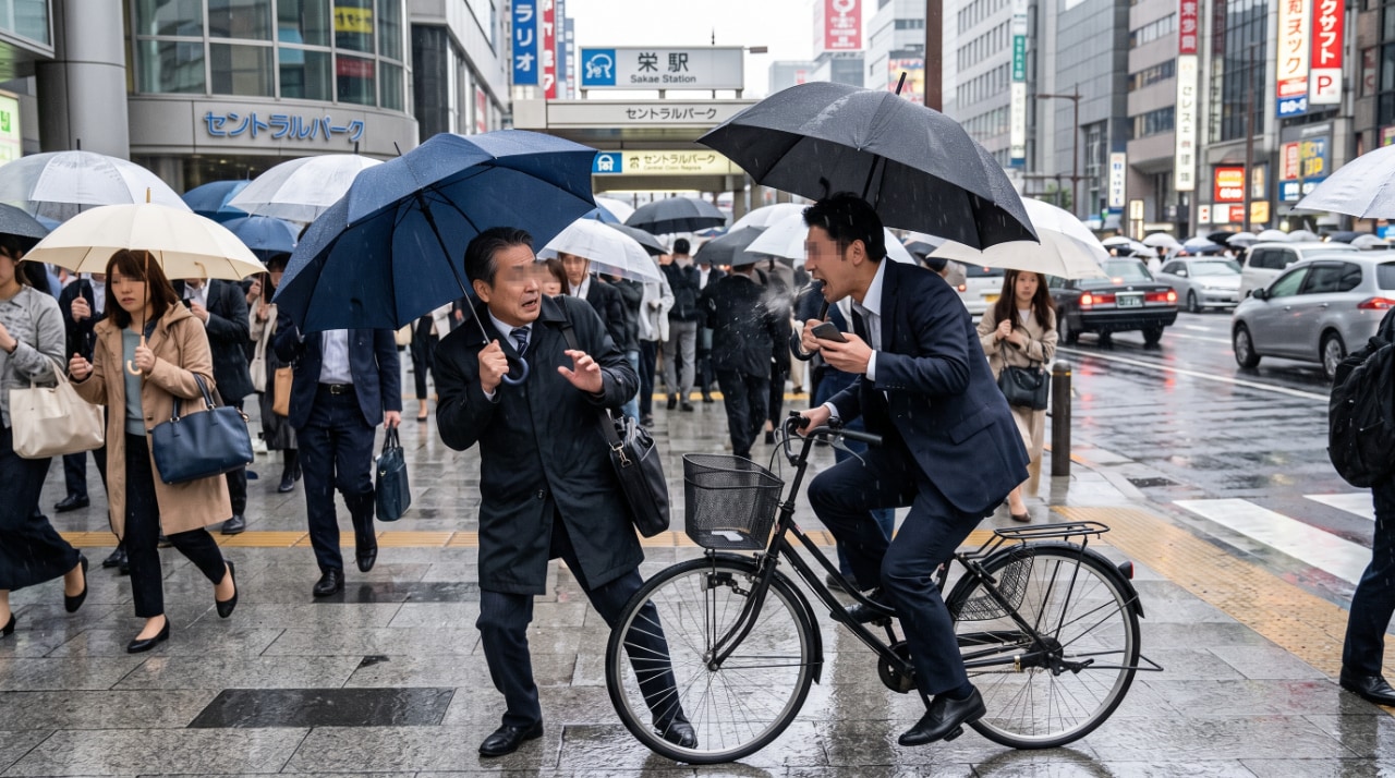 傘さしスマホ自転車が突進！通勤時のトラブルと安全自衛策
