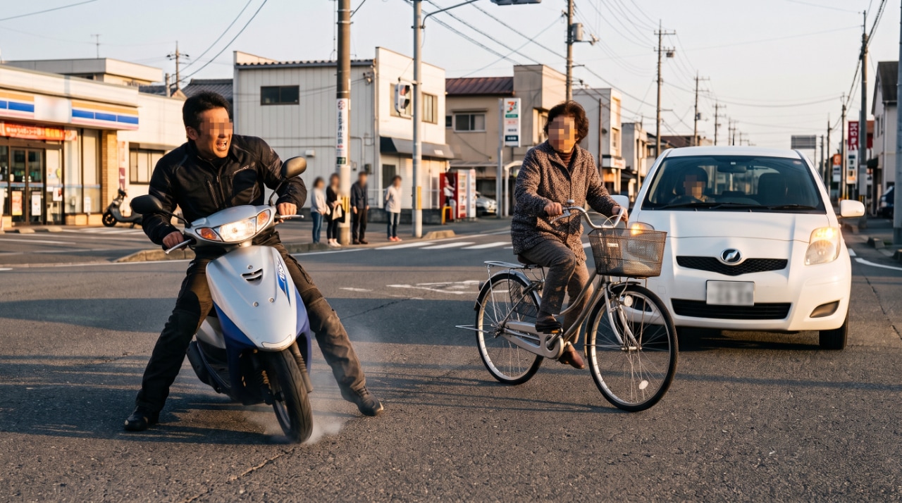 交差点で自転車が急な飛び出し！バイク転倒危機と自衛の安全策