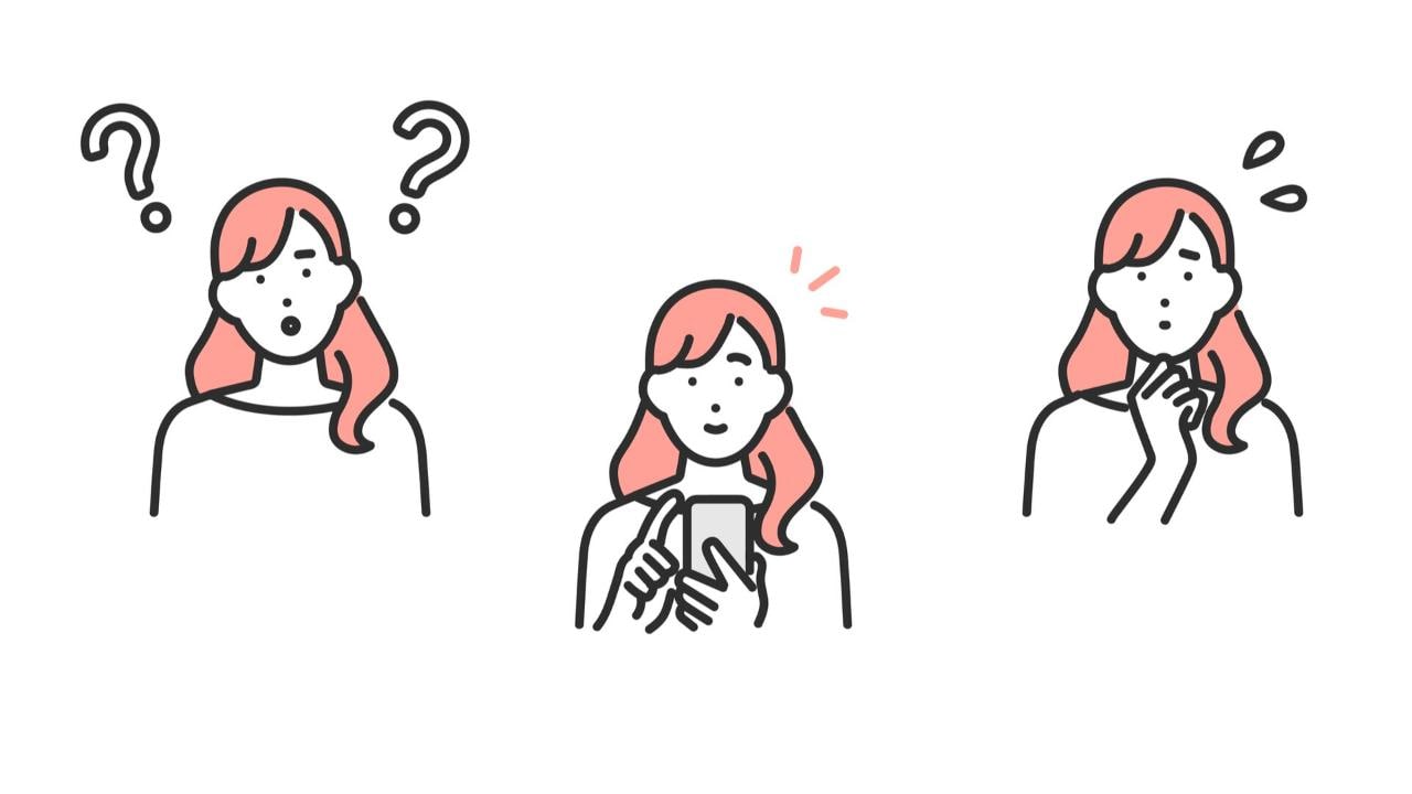 疑問・ひらめき・悩みの表情を浮かべる女性のイラスト3パターン