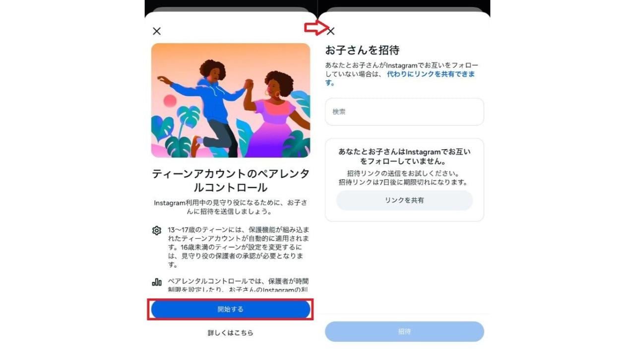 Instagramの「ティーンアカウントのペアレンタルコントロール」の「開始する」ボタンと「お子さんを招待」画面