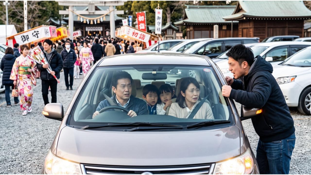 初詣で賑わう神社の駐車場で車に乗る家族に詰め寄る男性