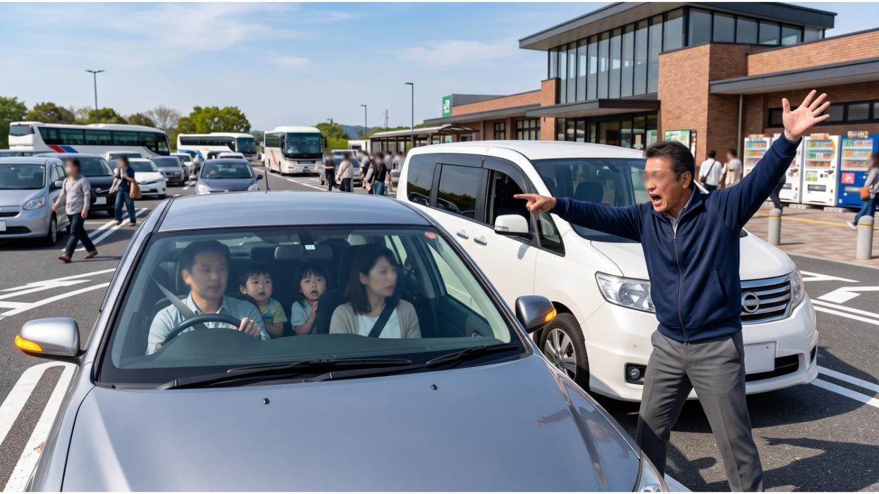 車に乗った家族に向かって大声で怒鳴りかける男性の姿
