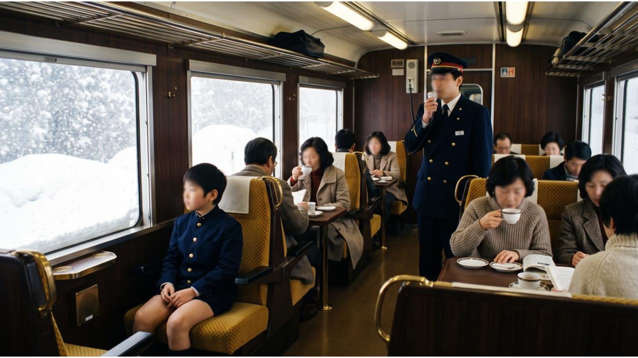 雪景色の車窓から温かい飲み物を楽しむ乗客と案内する車掌