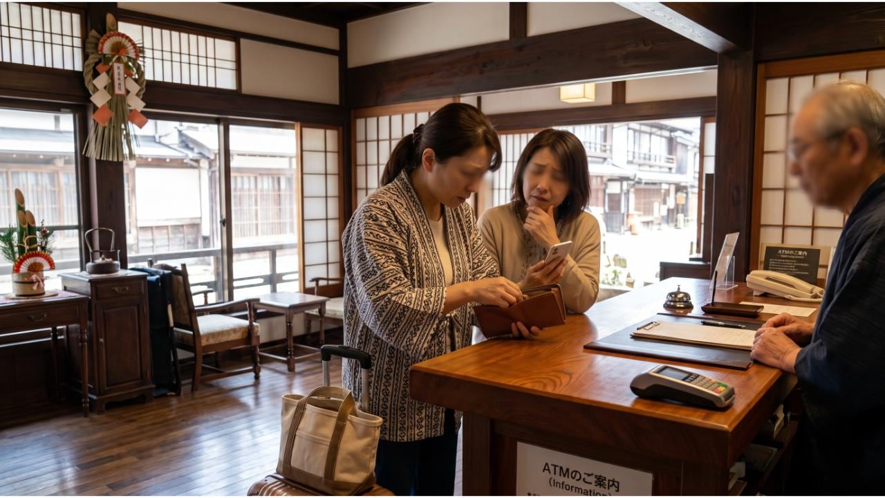 伝統的な和風旅館の受付で財布を確認しながら支払いに悩む女性客