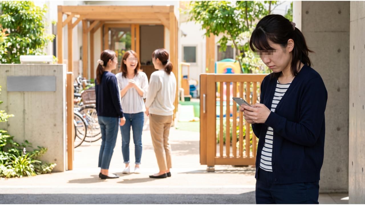 幼稚園の前でスマートフォンを見ながらうつむく女性と、離れた場所で話すママ友グループ