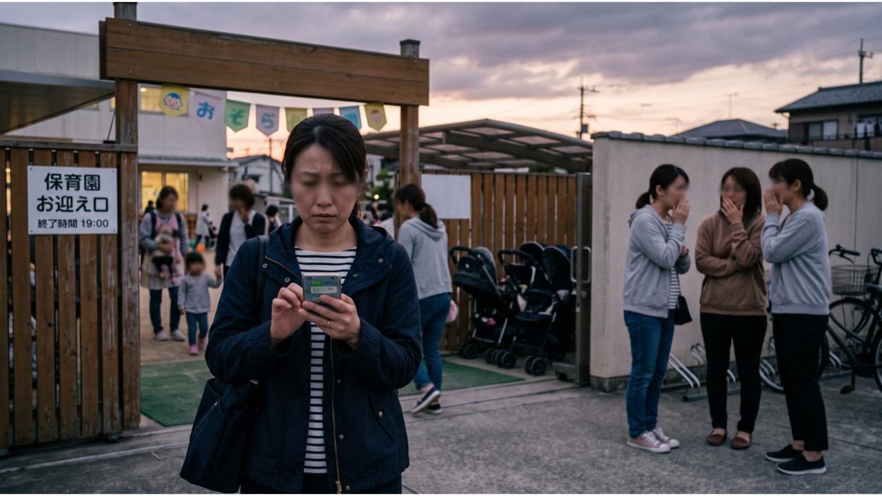 保育園のお迎え口の前でスマホを見ながら暗い表情で立つ女性と、その背後でヒソヒソ話をする保護者たちの姿