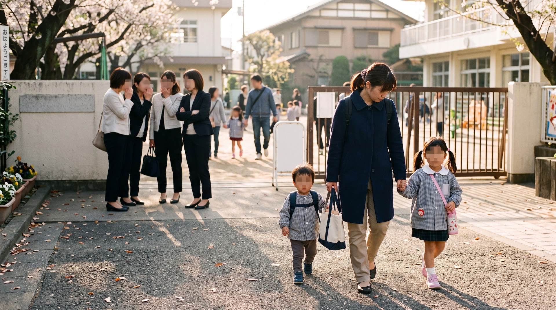 幼稚園の門から子ども2人を連れて出てくる母親と、物陰でひそひそ話をするママ友グループ