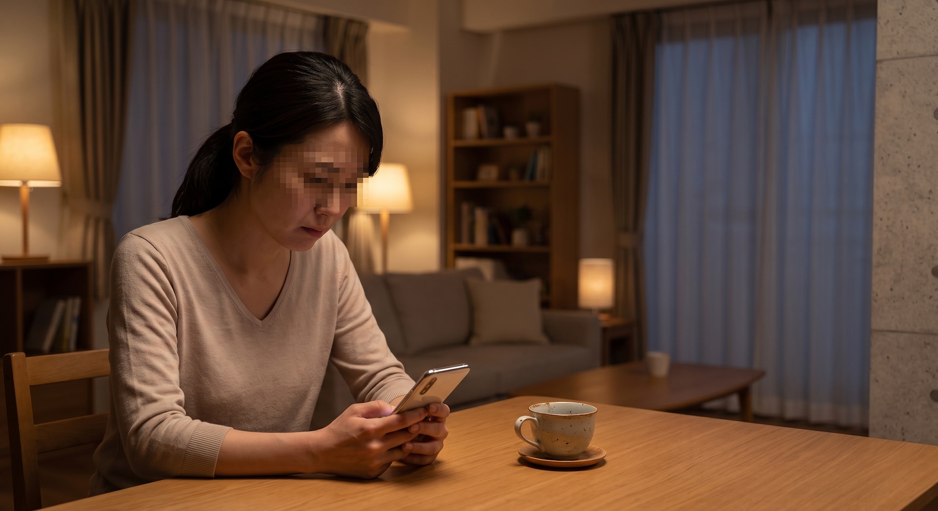 薄暗い部屋のテーブルでスマートフォンを深刻な表情で見つめる女性