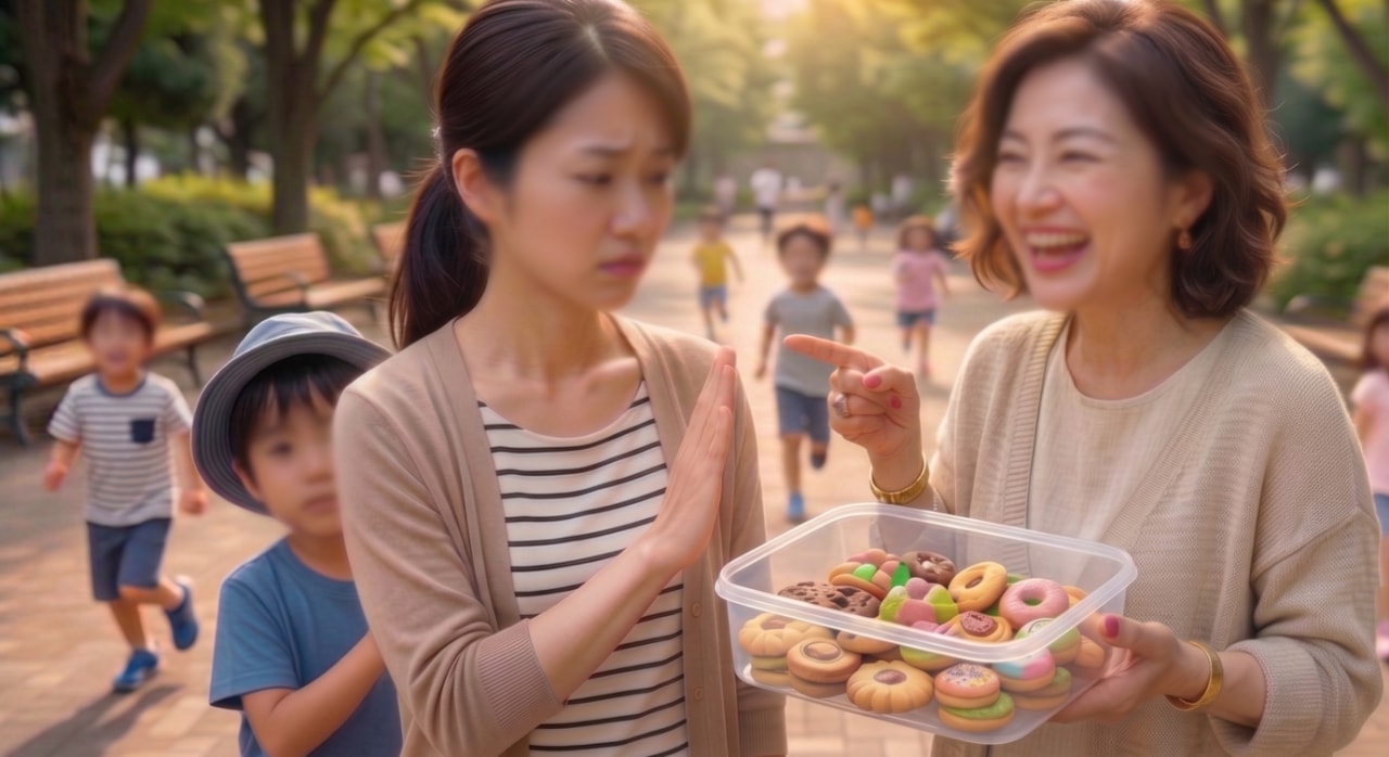 公園でカラフルなお菓子を差し出す年配の女性と、困惑した表情で手をかざして断る母親