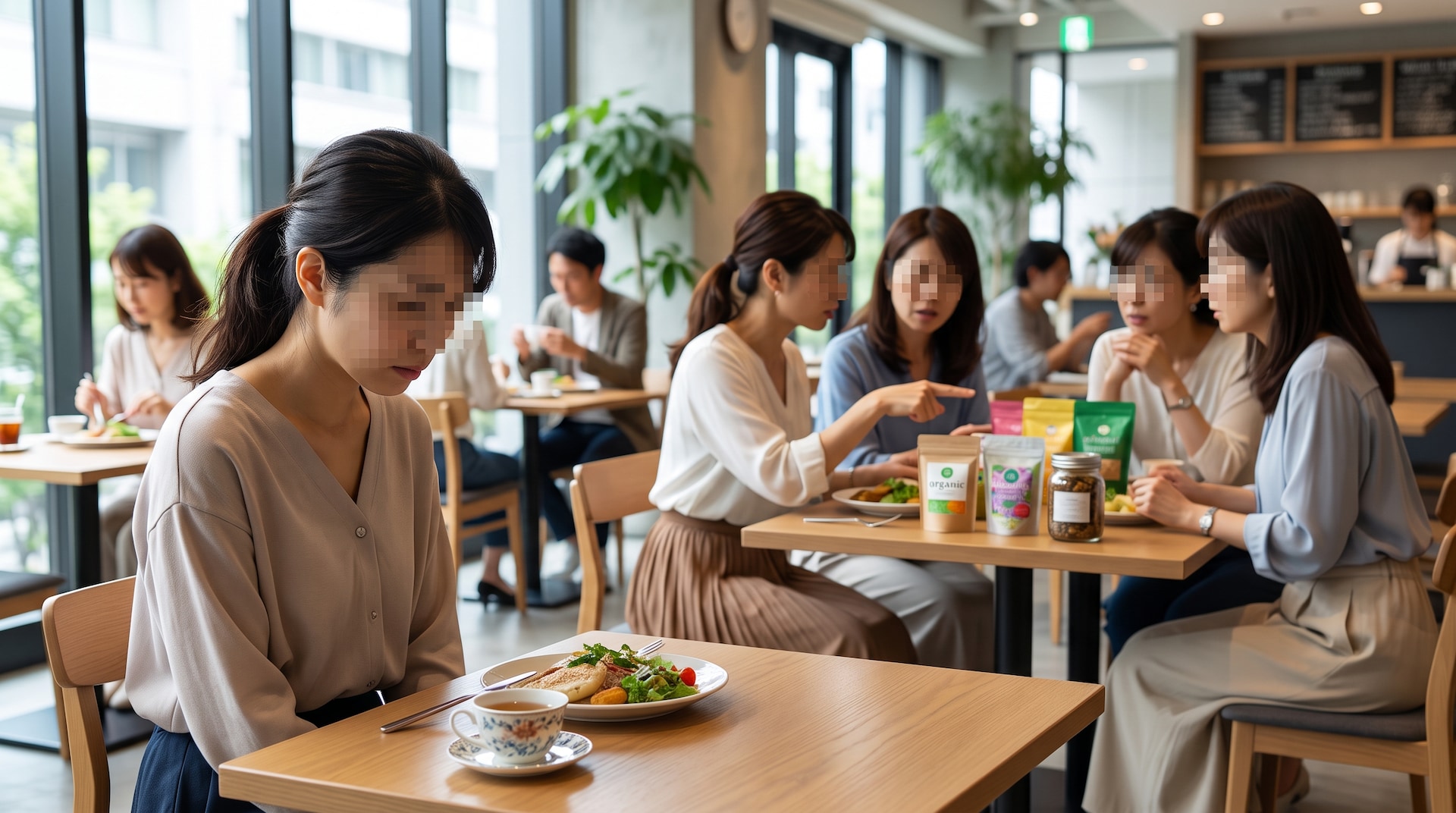 カフェのテーブルで一人うつむく女性と、隣の席で賑やかに話すグループ