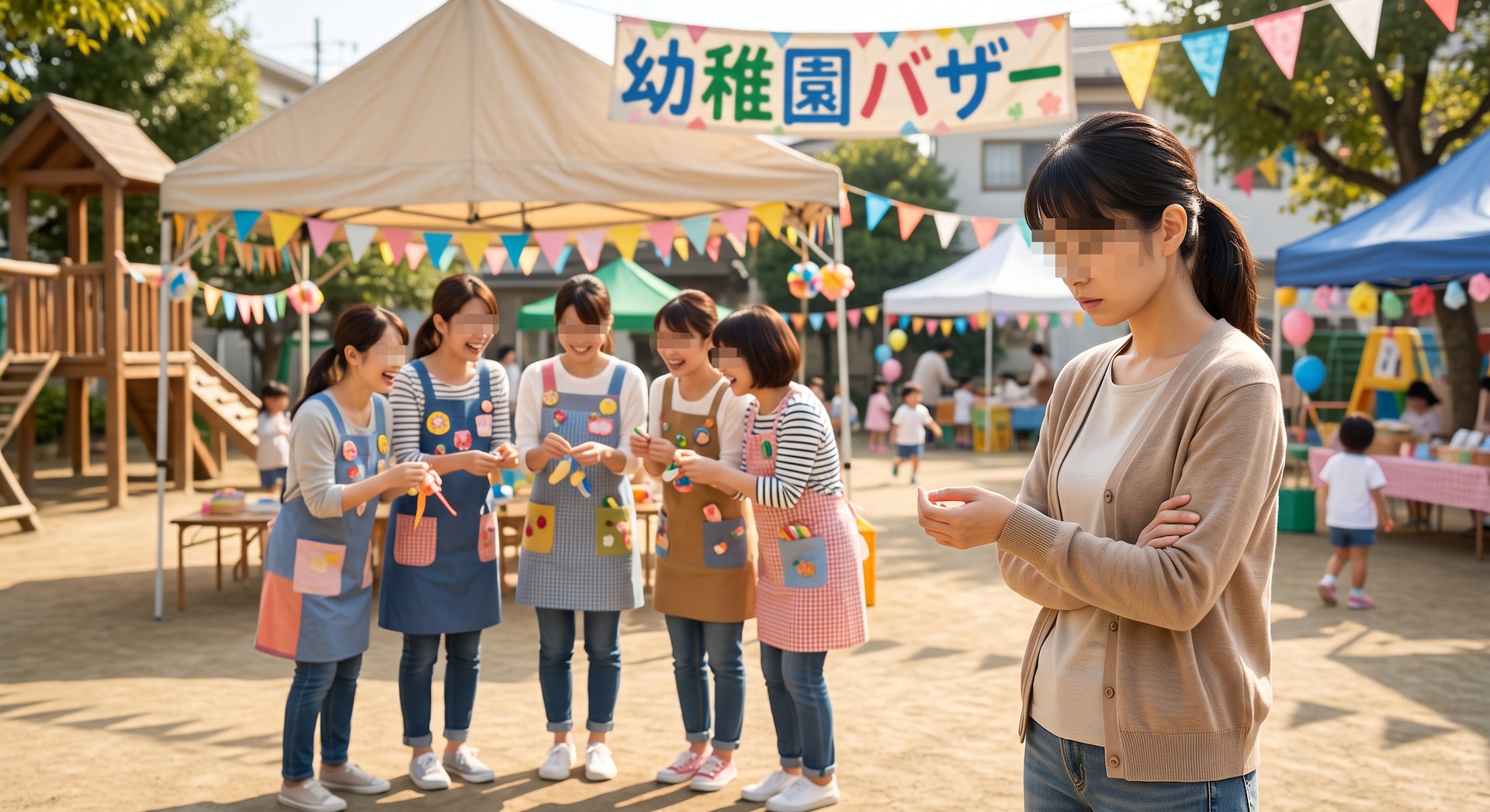 幼稚園バザーの会場で、楽しそうに話すママ友グループの傍らで孤立し暗い表情を浮かべる女性