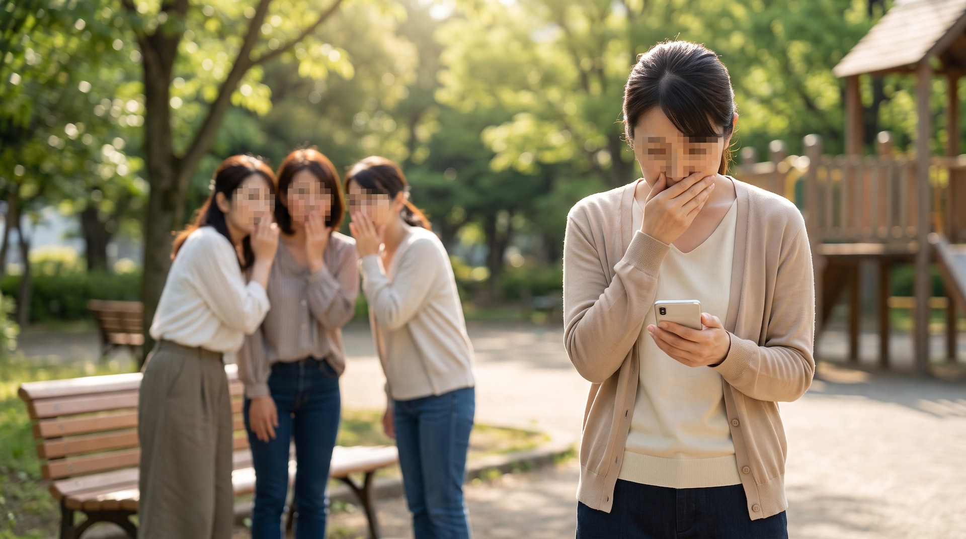公園でスマートフォンを見ながら口を押さえる女性と、背景で噂話をするママ友たち