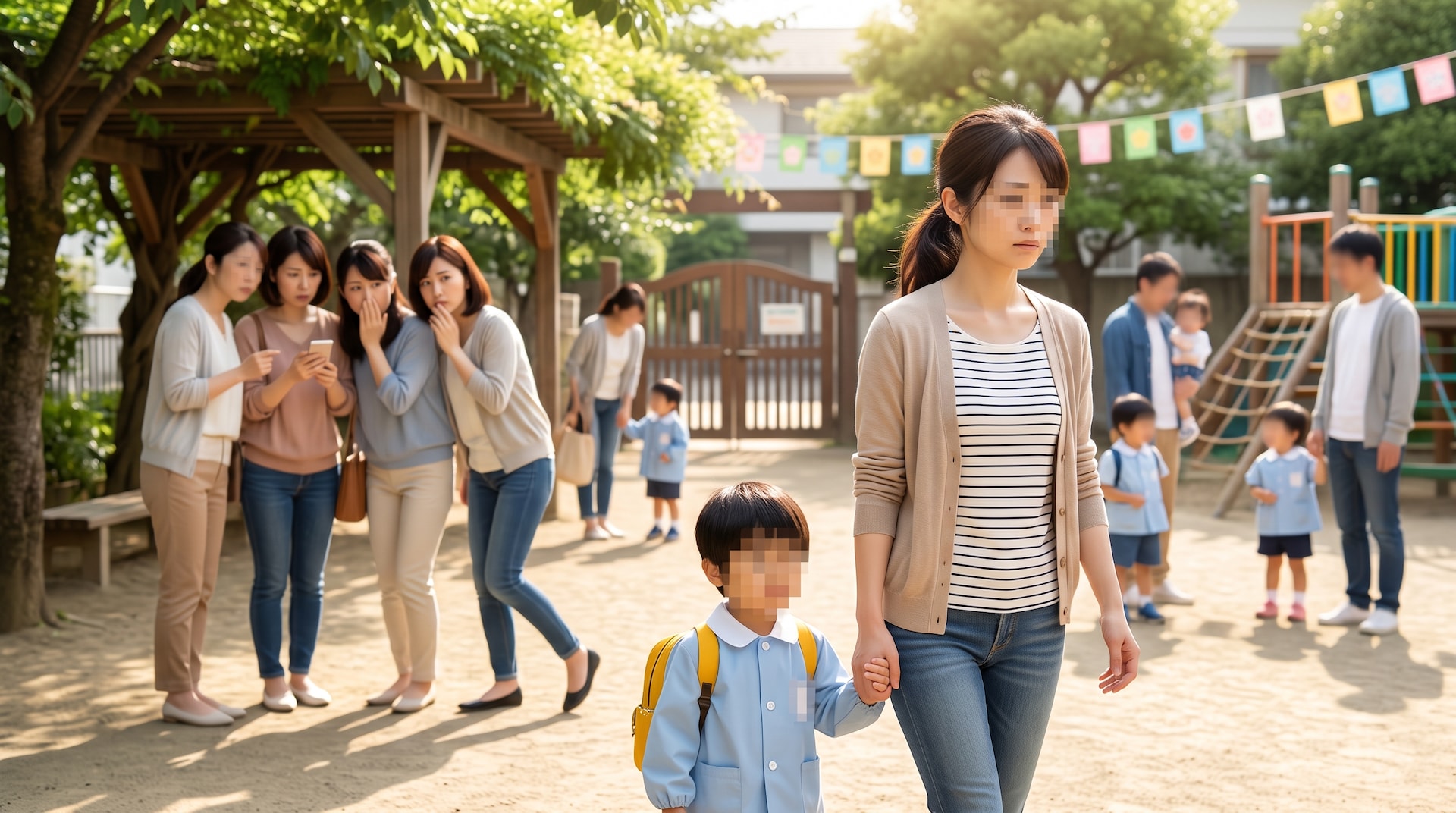 幼稚園の前でスマートフォンを見ながらうつむく女性と、離れた場所で話すママ友グループ