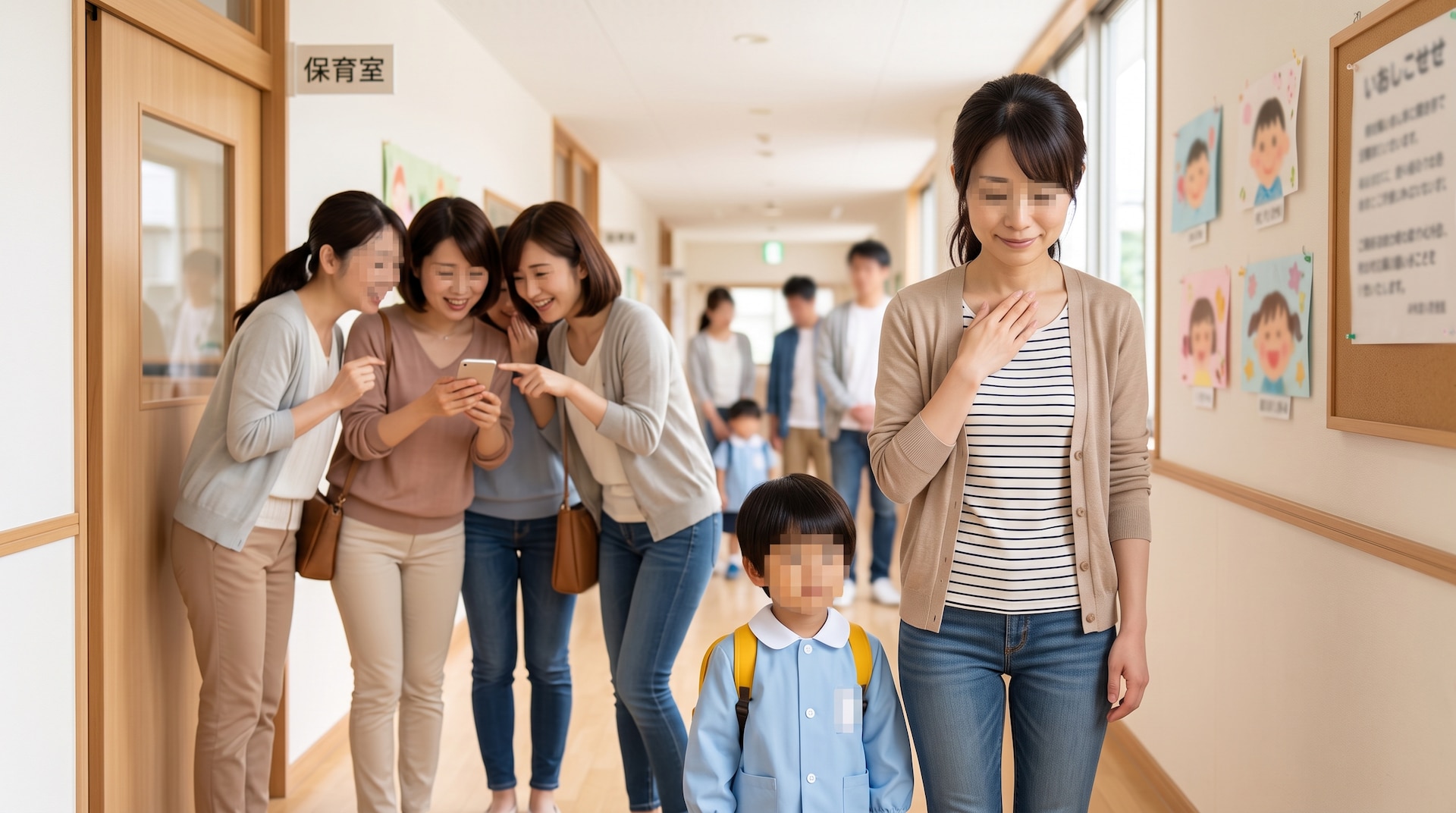 幼稚園の廊下で胸に手を当てて歩く母親と、後ろでスマホを見ながら話すママ友たち