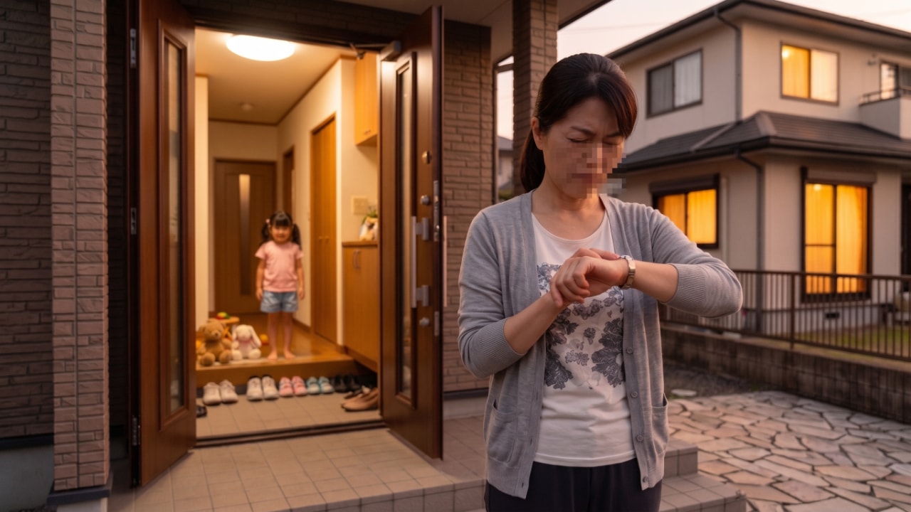 玄関の前で浮かない表情で腕時計を確認する女性と奥に見える子ども