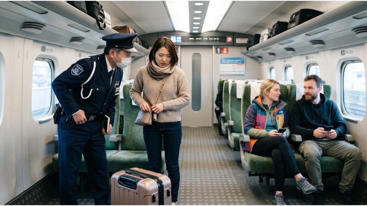 新幹線の車内で、キャリーケースを前に困惑した表情の日本人女性と親身に対応する警備員。奥には指定席に座る外国人のペアが見える。
