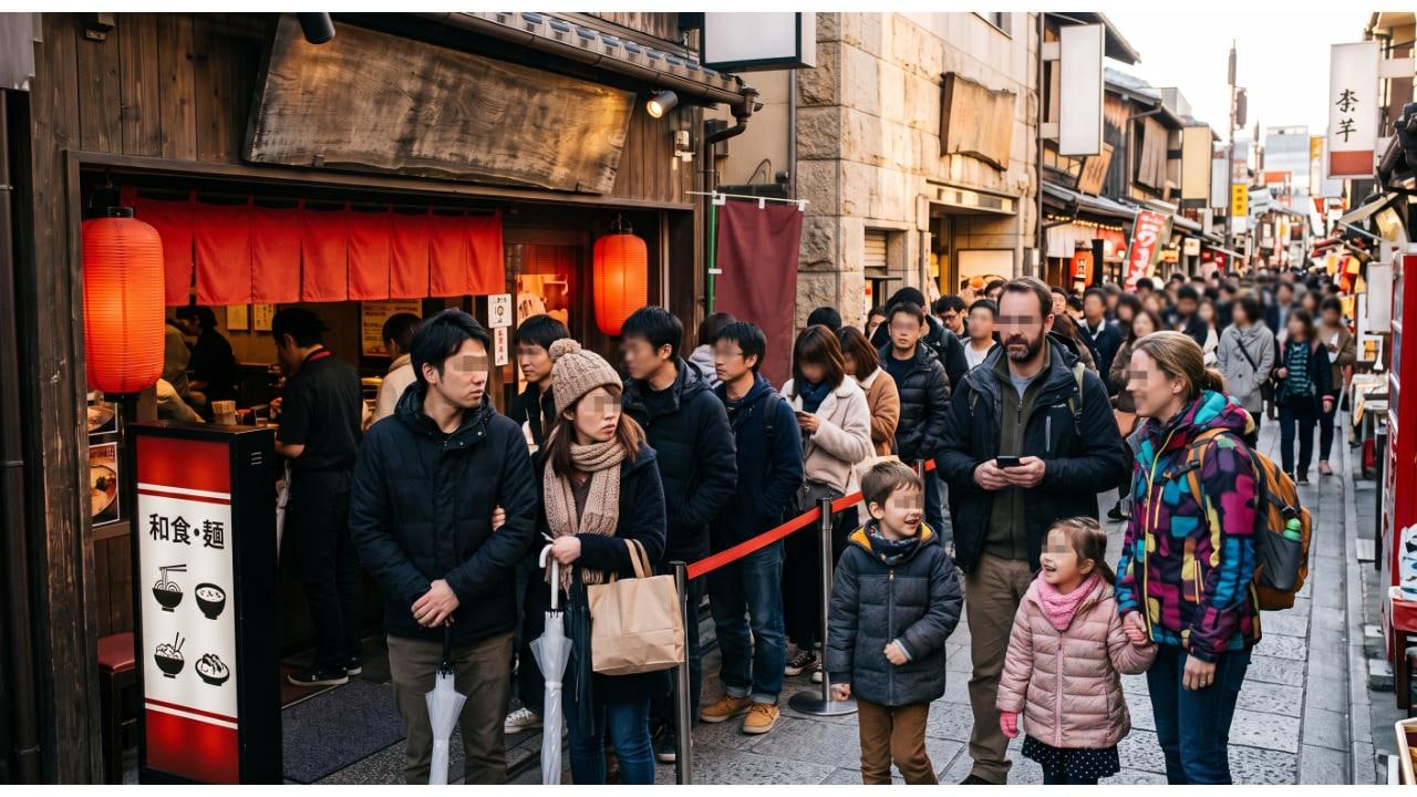日本の歴史的な街並みにある、看板や暖簾が空白の飲食店の前に、長い行列ができています。手前には日本人、奥には外国人観光客のグループが並び、スタッフが応対しています。