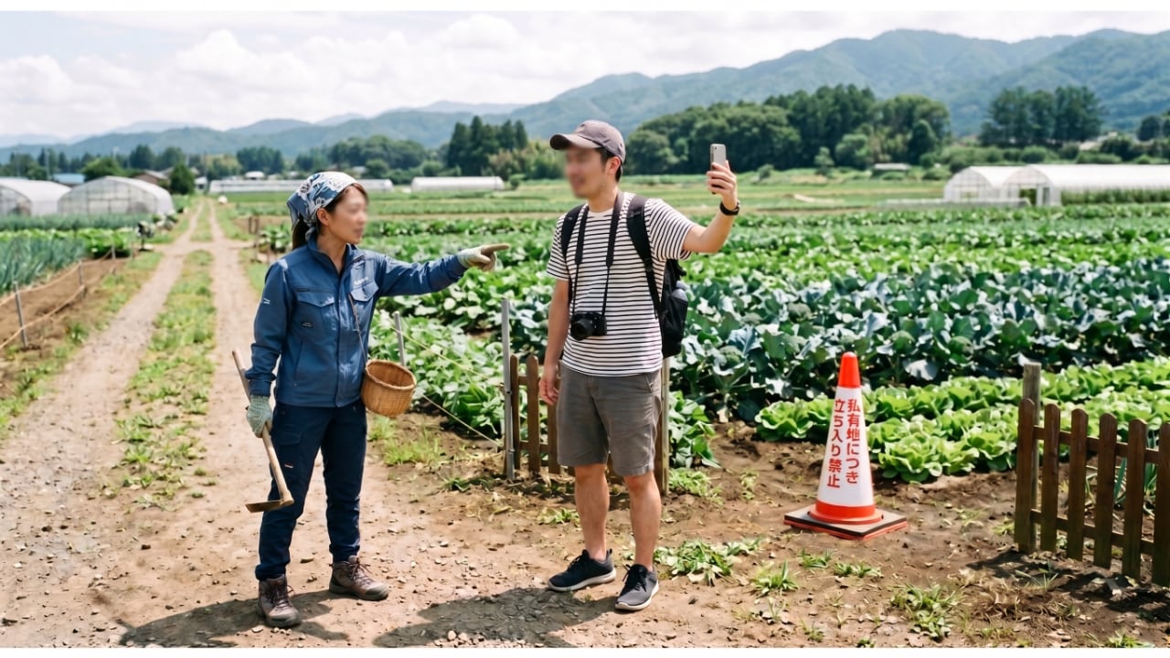 農地で作物を無断撮影する観光客と、注意する農家の女性。